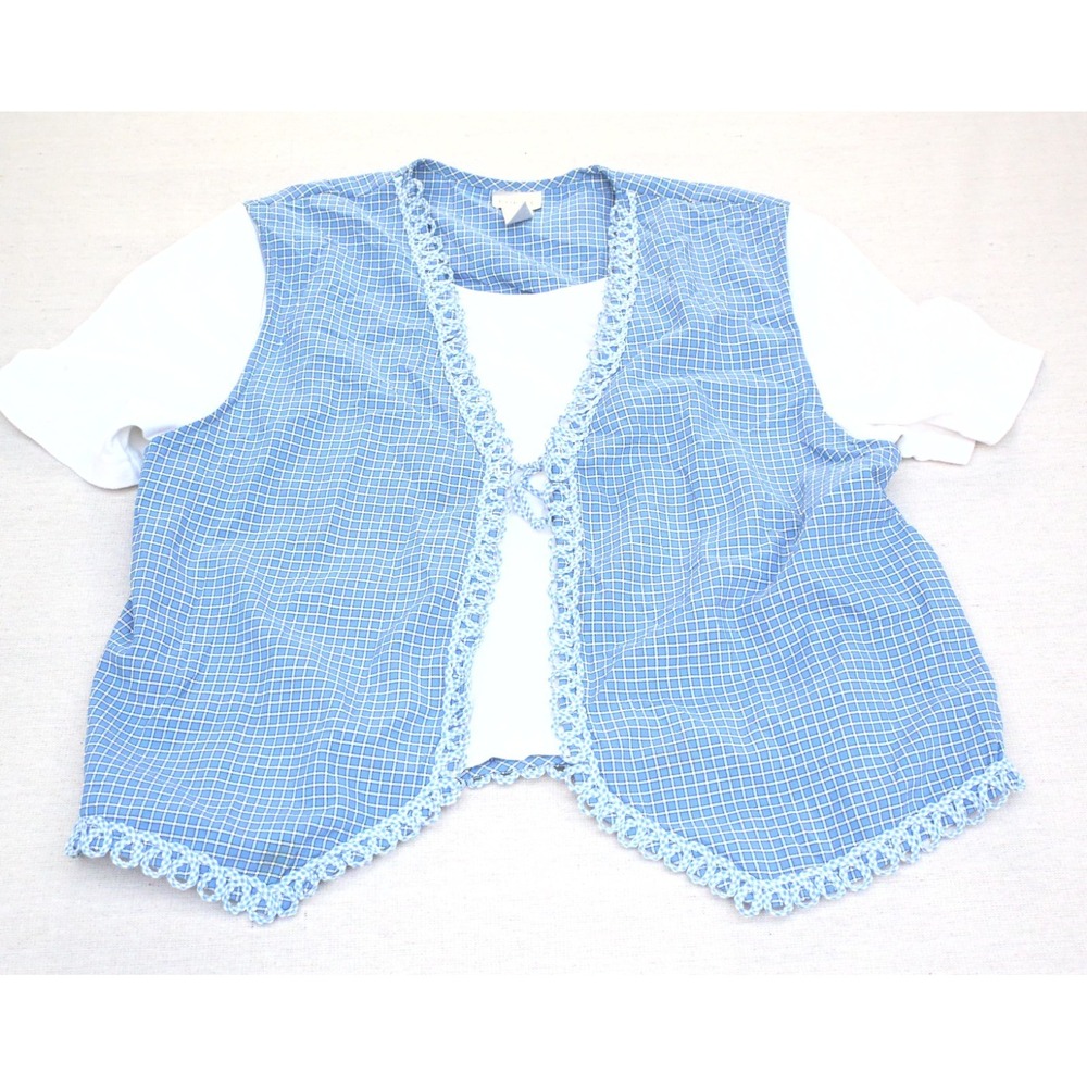 Koret Vintage 90s Womens L Blue White Check Blouse Braid Trim Scalloped Hem